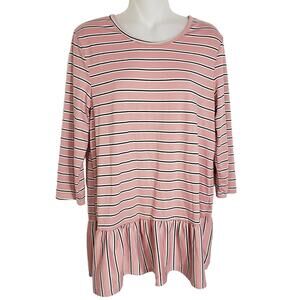 Lime N Chili Womens Top Large Tunic Peplum 3/4 Sleeve Striped Pink Stretch Crew